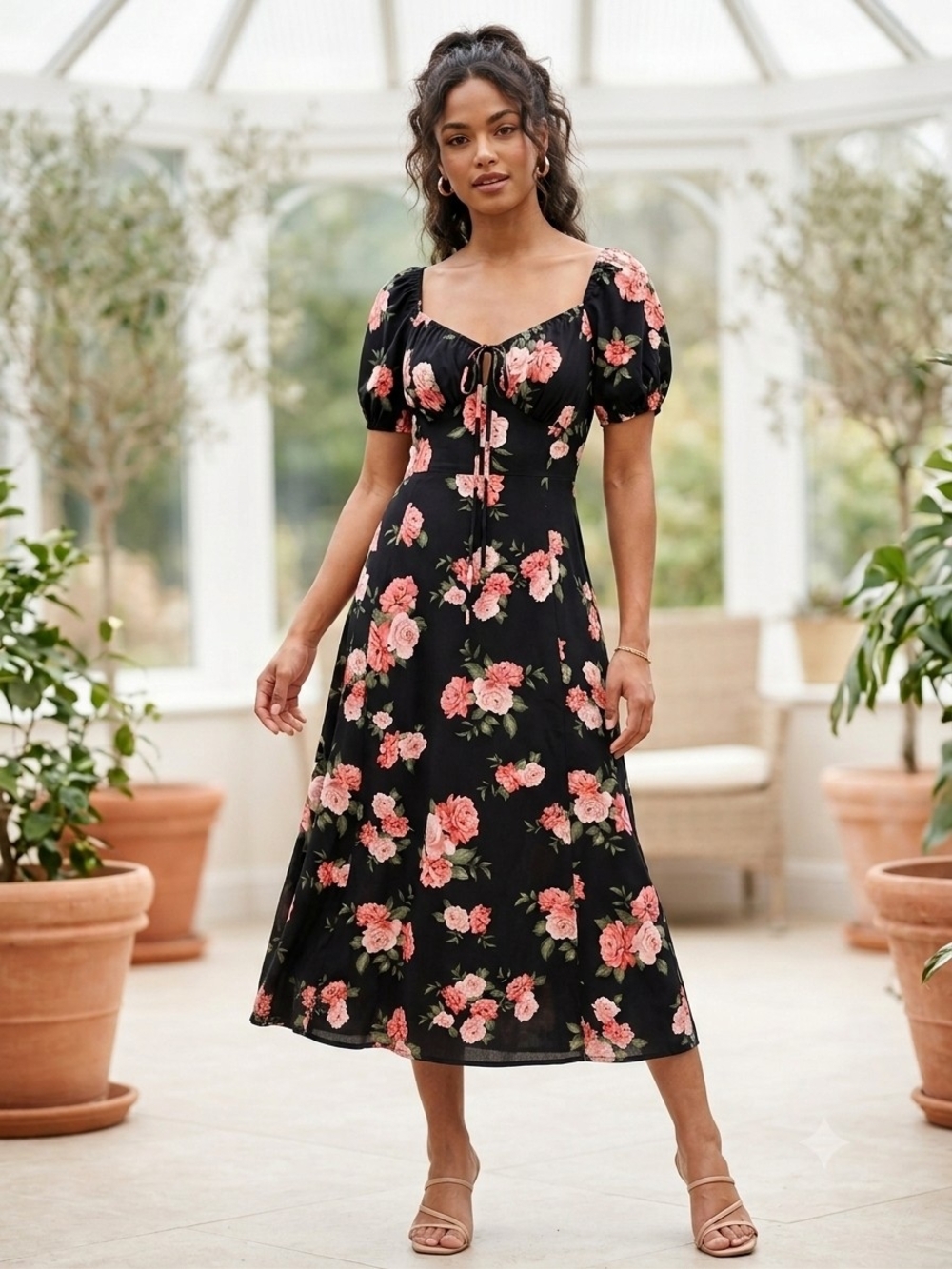 Baltic Born Black Midi Dress with Pink Rose Print
